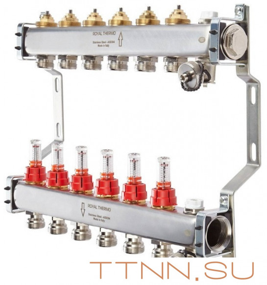 Для отопления Royal Thermo 1" ВР-3/4" НР, 7 выходов с расходомерами, нерж. (RTE 52.107)