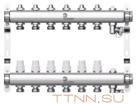 Коллектор нерж. для отопления Wester 1"-3/4 в сборе на 6 выходов с 2 заглушками