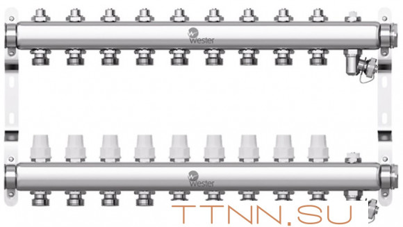 Коллектор нерж. для отопления Wester 1"-3/4 в сборе на 9 выходов с 2 заглушками